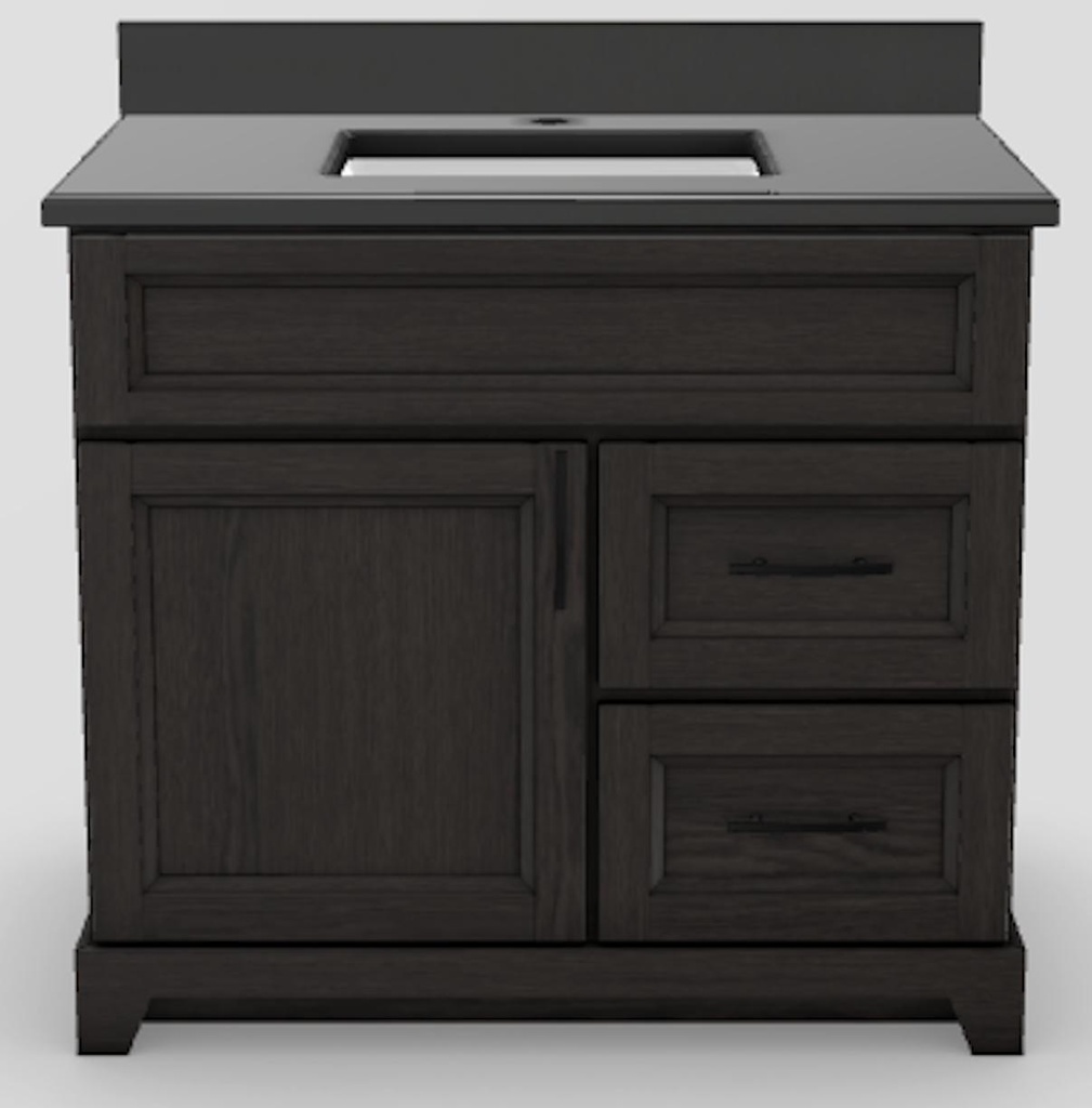 36" RH Drawer Standard Vanity Bellrose with Slim Handles and 1-Hole Quartz Top